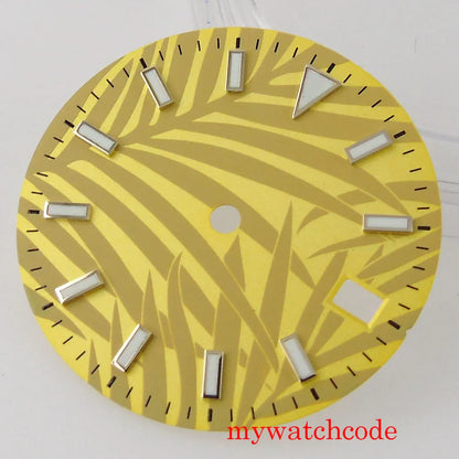 29mm Luminous Dark Green White Gold Sterile Watch Dial With Date Window For NH35 Movement Leaf Pattern High Quality Watch Parts