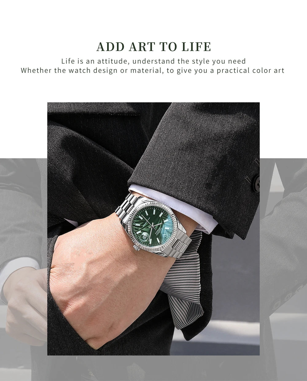 Cadisen C8198 DateJust Olive Green Palm Motif 10bar Dress Sapphire 40MM Miyota 8215 Movt