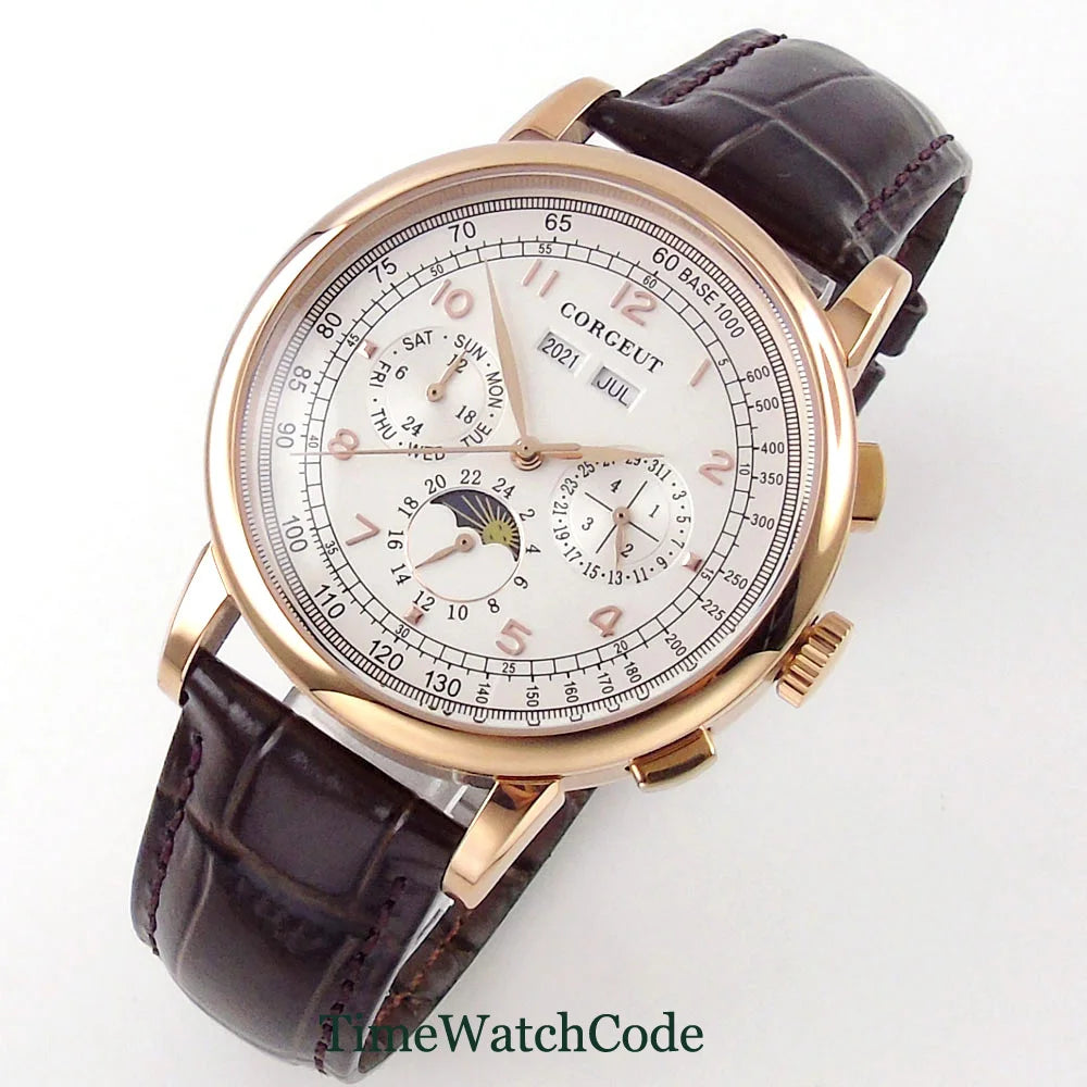 Corgeut Moon Phase Watch 42mm Seagull St1655 Automatic Day Date Month Calendar Glass Back 42MM 3ATM