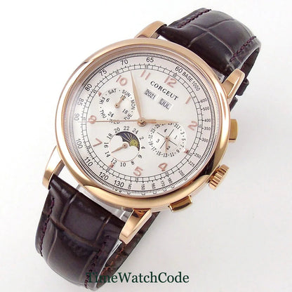 Corgeut Moon Phase Watch 42mm Seagull St1655 Automatic Day Date Month Calendar Glass Back 42MM 3ATM