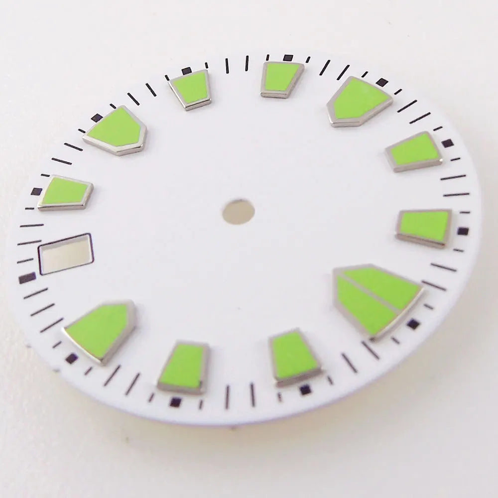 High Quality 28.5mm White Dial With Green Marks For NH35 Automatic Movement Date Window