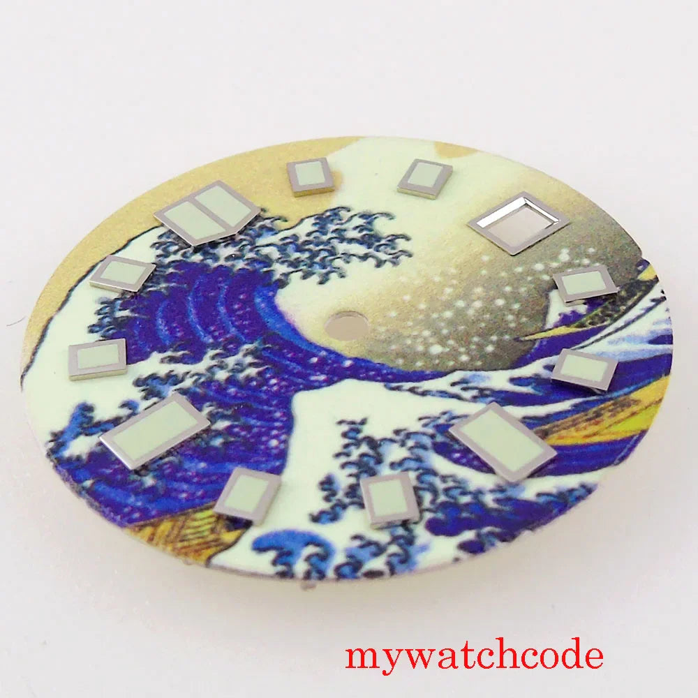 29mm Sterile Luminous Kanagawa Surfing Watch Dial Parts With Date Window Dila Feet At 23/38 Degree Fit NH35A Movement