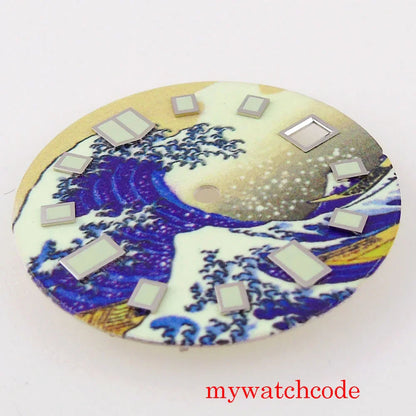 29mm Sterile Luminous Kanagawa Surfing Watch Dial Parts With Date Window Dila Feet At 23/38 Degree Fit NH35A Movement