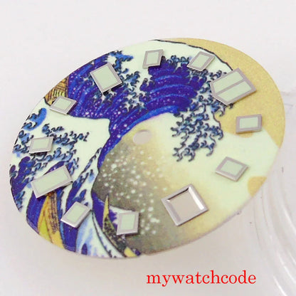 29mm Sterile Luminous Kanagawa Surfing Watch Dial Parts With Date Window Dila Feet At 23/38 Degree Fit NH35A Movement