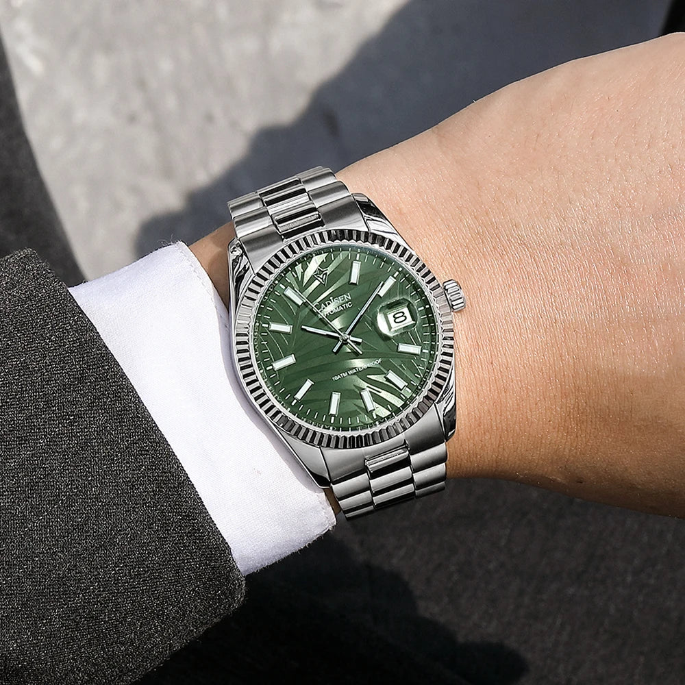 Cadisen C8198 DateJust Olive Green Palm Motif 10bar Dress Sapphire 40MM Miyota 8215 Movt