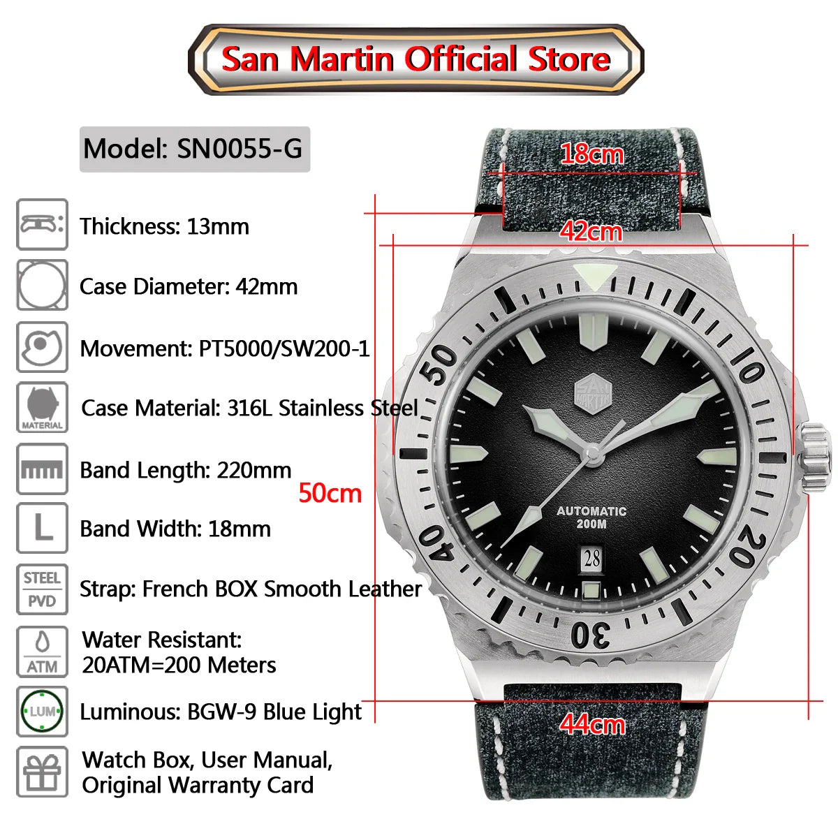 San Martin Diver SN0055G 42mm PT5000 SW200 Automatic Watch AR Sapphire 20Bar BGW-9 Lume