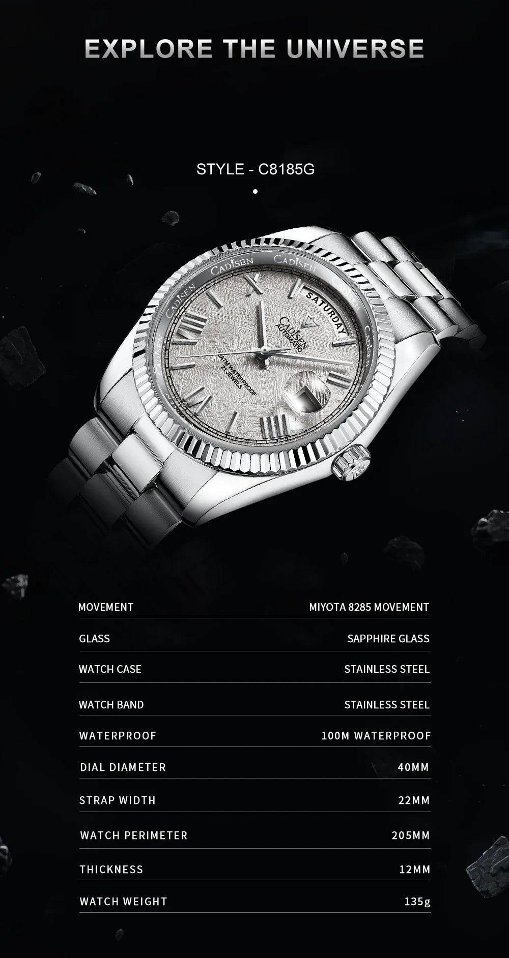 CADISEN C8185 DD40 Day-Date Watch Meteorite Dial  MIYOTA 8285 40MM Sapphire 10Bar