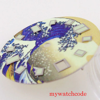 29mm Sterile Luminous Kanagawa Surfing Watch Dial Parts With Date Window Dila Feet At 23/38 Degree Fit NH35A Movement