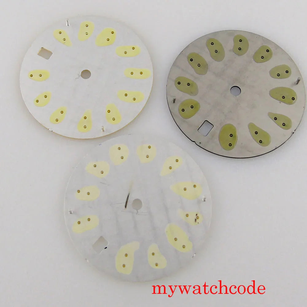 29mm Luminous Dark Green White Gold Sterile Watch Dial With Date Window For NH35 Movement Leaf Pattern High Quality Watch Parts