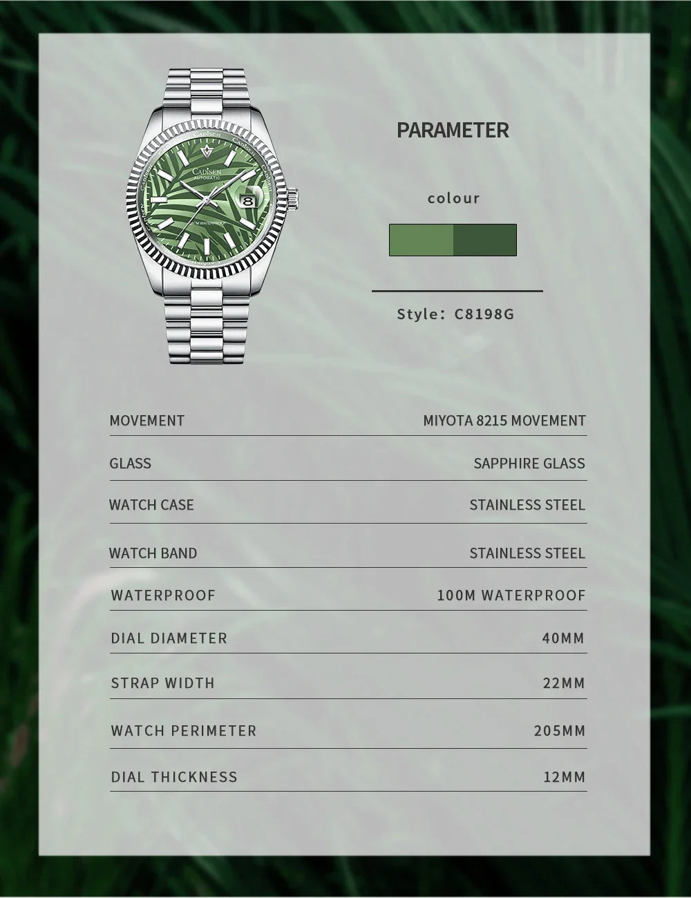 Cadisen C8198 DateJust Olive Green Palm Motif 10bar Dress Sapphire 40MM Miyota 8215 Movt