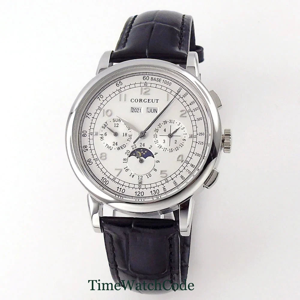 Corgeut Moon Phase Watch 42mm Seagull St1655 Automatic Day Date Month Calendar Glass Back 42MM 3ATM