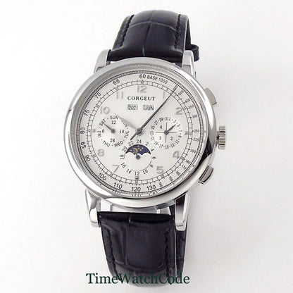 Corgeut Moon Phase Watch 42mm Seagull St1655 Automatic Day Date Month Calendar Glass Back 42MM 3ATM