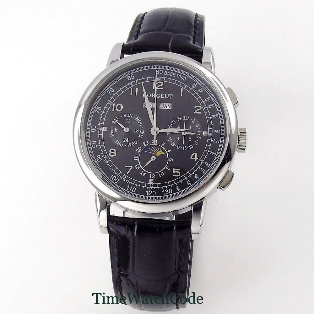 Corgeut Moon Phase Watch 42mm Seagull St1655 Automatic Day Date Month Calendar Glass Back 42MM 3ATM