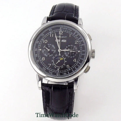 Corgeut Moon Phase Watch 42mm Seagull St1655 Automatic Day Date Month Calendar Glass Back 42MM 3ATM