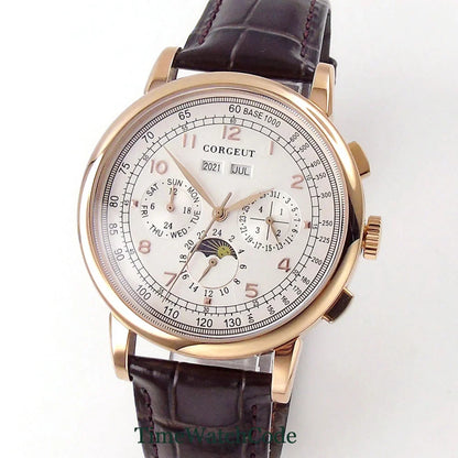 Corgeut Moon Phase Watch 42mm Seagull St1655 Automatic Day Date Month Calendar Glass Back 42MM 3ATM