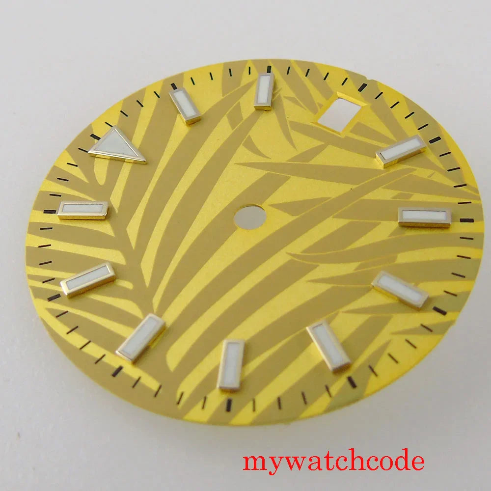 29mm Luminous Dark Green White Gold Sterile Watch Dial With Date Window For NH35 Movement Leaf Pattern High Quality Watch Parts