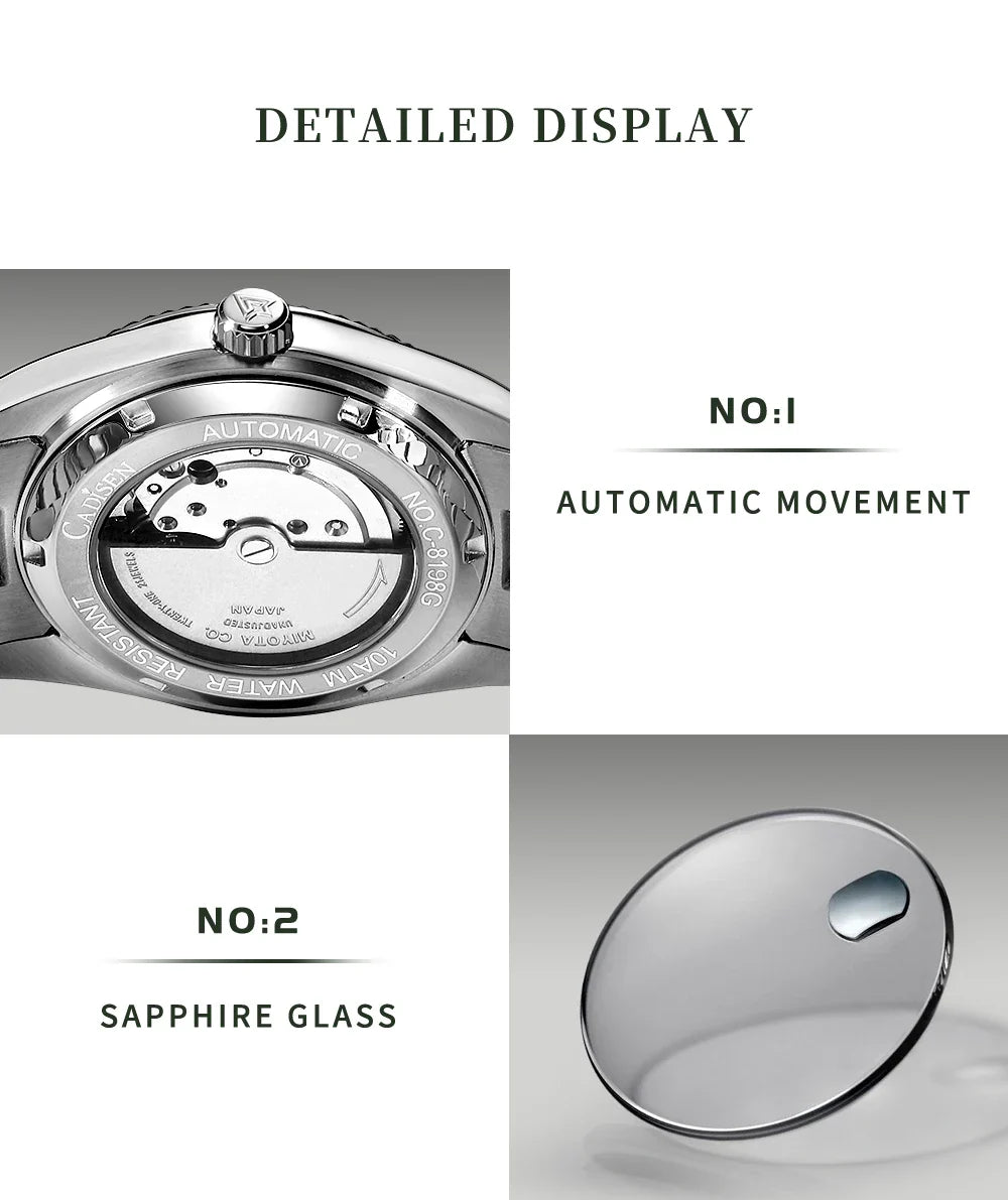 Cadisen C8198 DateJust Olive Green Palm Motif 10bar Dress Sapphire 40MM Miyota 8215 Movt