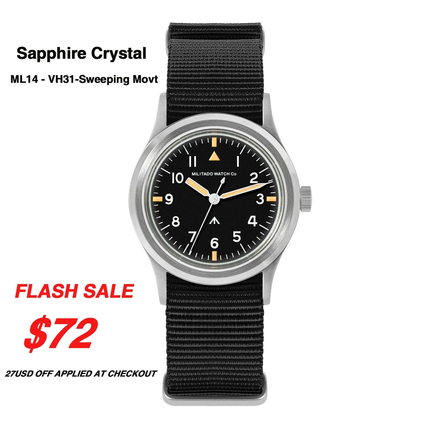 Militado 36mm Retro Military Watch VH31/VH65 Sweeping Hand ML14 V2