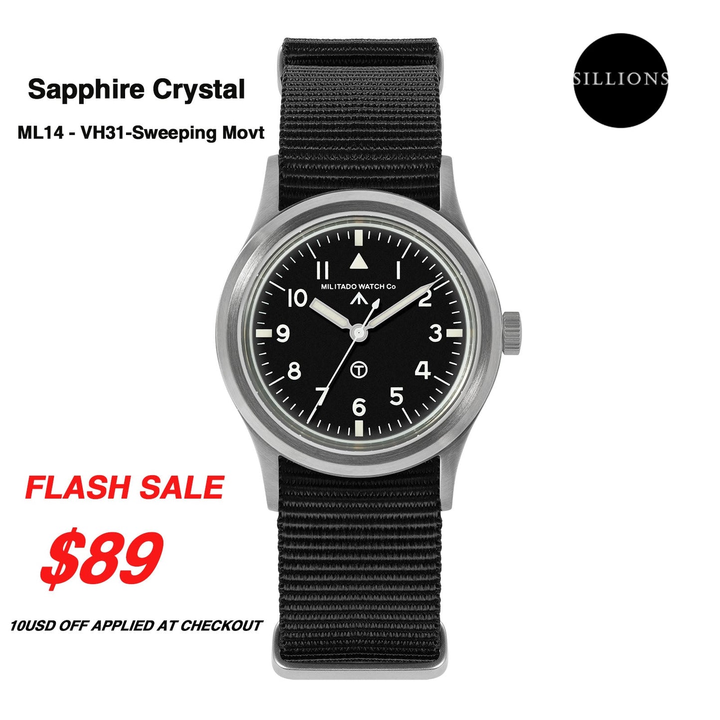 Militado 36mm Retro Military Watch VH31/VH65 Sweeping Hand ML14 V2