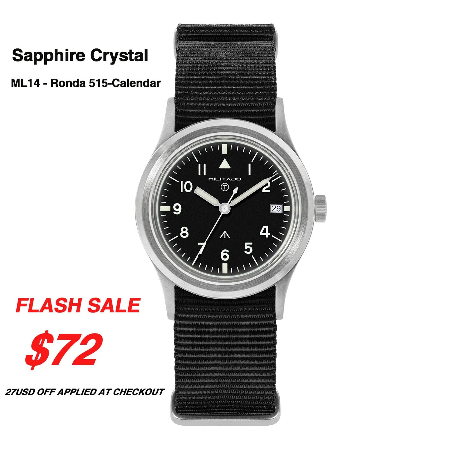 Militado 36mm Retro Military Watch VH31/VH65 Sweeping Hand ML14 V2