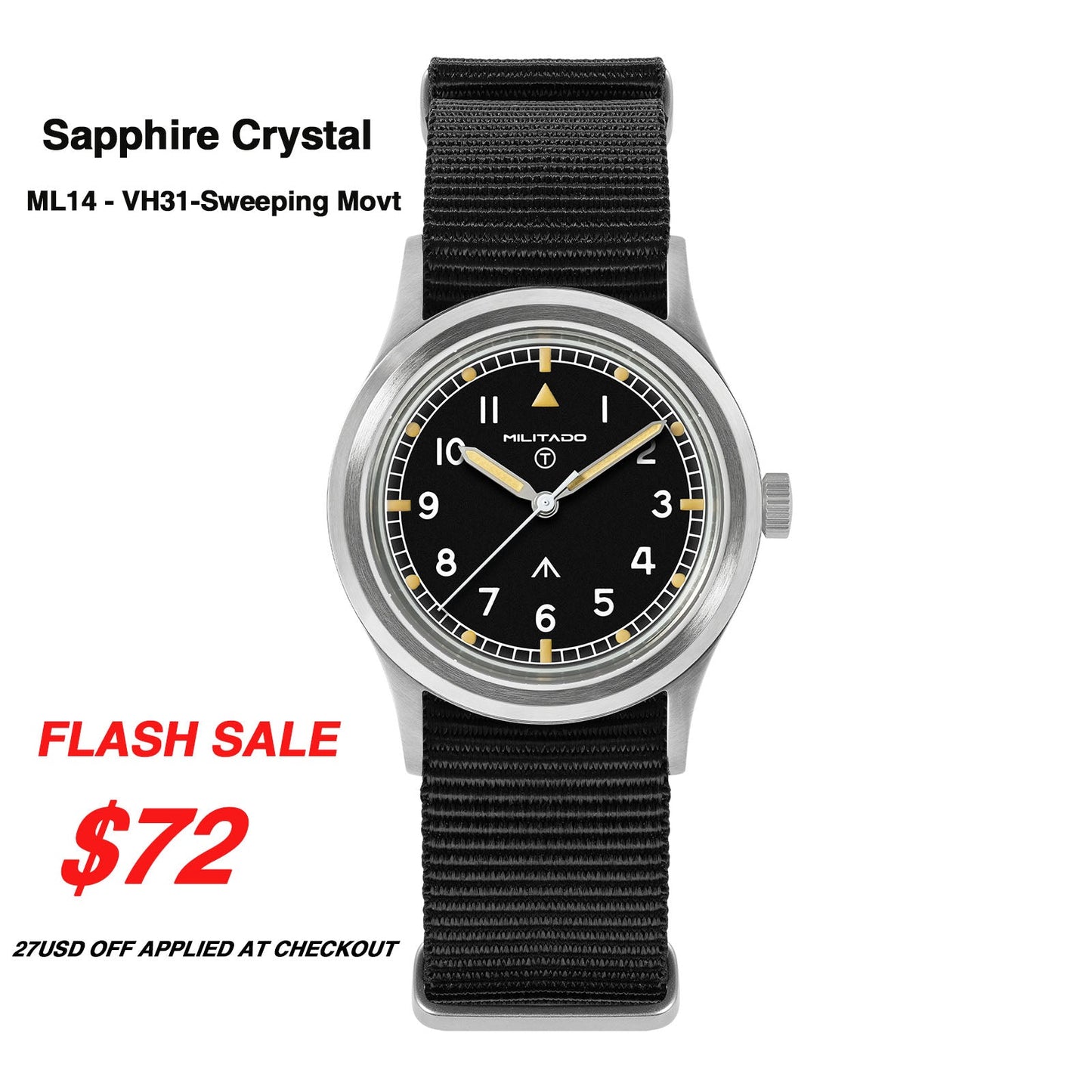 ★New Released★Militado 36mm Field Watch VH31 Sweeping Movt D12 Dial ML15