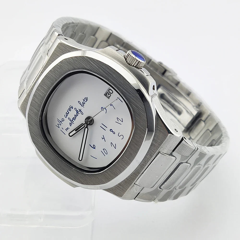 Special dial Nautilus Watch 41mm NH35 who cares i'm already late Sapphire 10Bar Dress Glass back