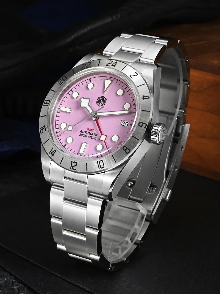 San Martin SN0054G GMT Pink Dial BB  39mm NH34 Automatic Watch 10Bar AR Sapphire BGW9 Lume