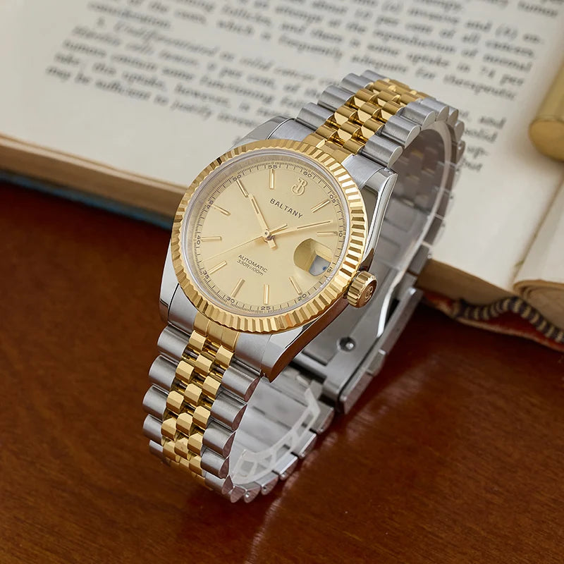 Baltany 36mm Dress Gold Watch S4084 Customizable DateJust  NH35 Automatic  Ar sapphire Swiss Lume Fluted case