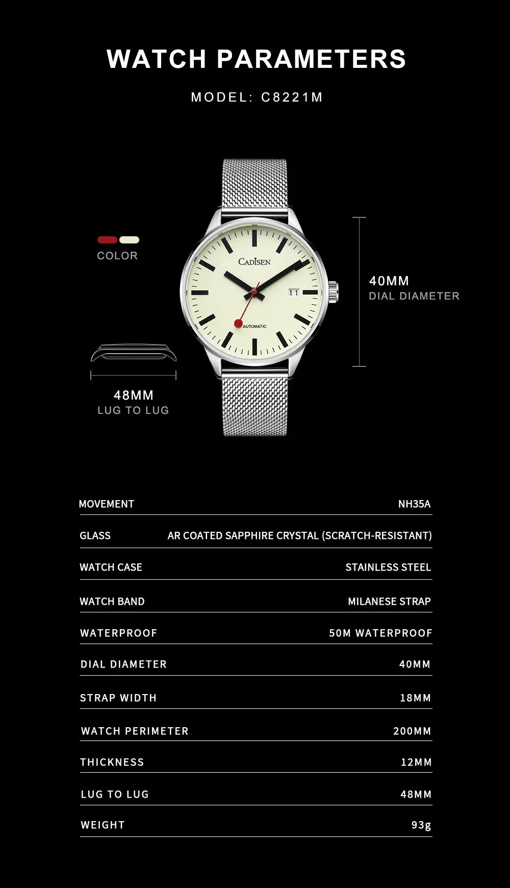 Cadisen C8221 Minimalist Watch Miyota 8215 AR Sapphire C3 Lume 40MM 5Bar