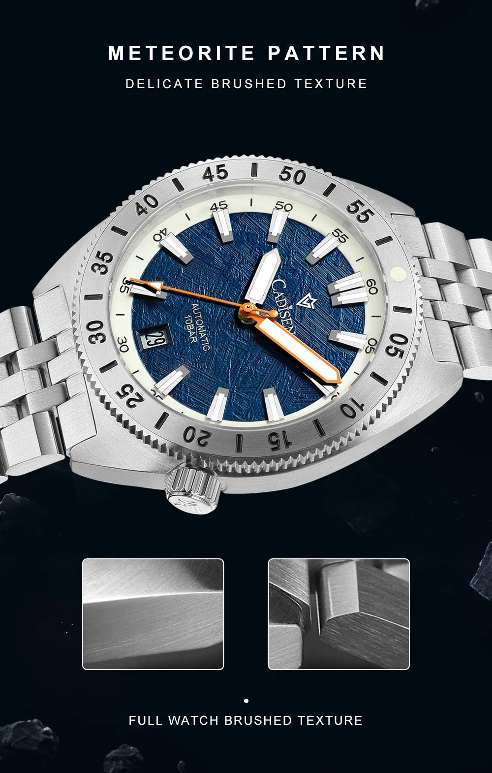 Cadisen C8231 Diver Watch Meteorite Dial 38.5MM 10Bar Miyota 8215 Automatic AR Sapphire