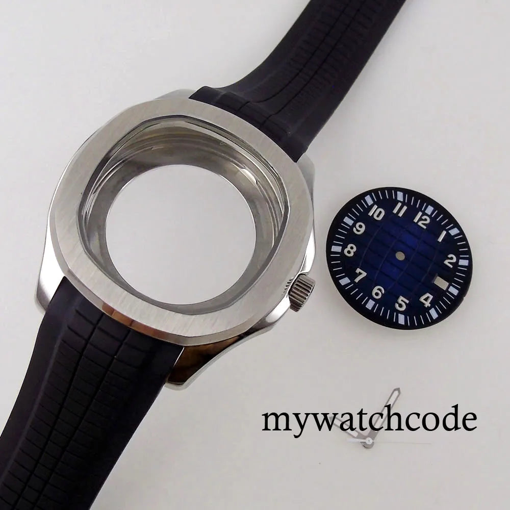 40mm Watch Case Glass Back Rubber Strap Dial Hands Set Fit NH35A NH36A Automatic Movement Sapphire Glass