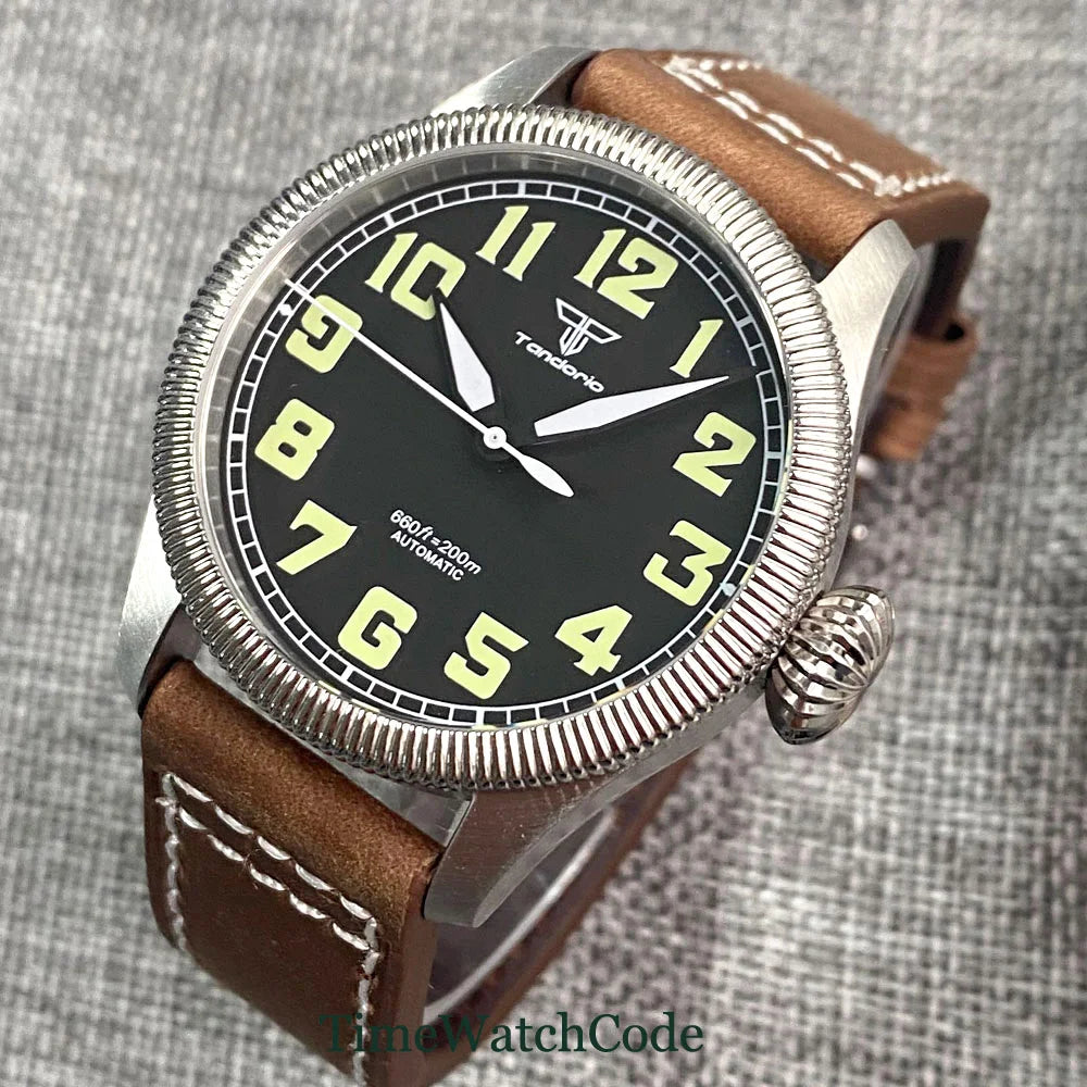Tandorio Fluted Pilot Watch TD117A 20BAR  NH35 PT5000 Roman Numerals Sapphire 39mm