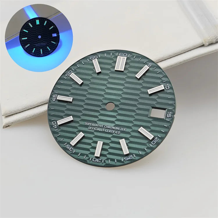 28.5mm Watch Dial Metallic Texture Surface DIY Log Dial BGW9 Blue Green Luminous Watch Faces Watch Accessories for NH35 Movement