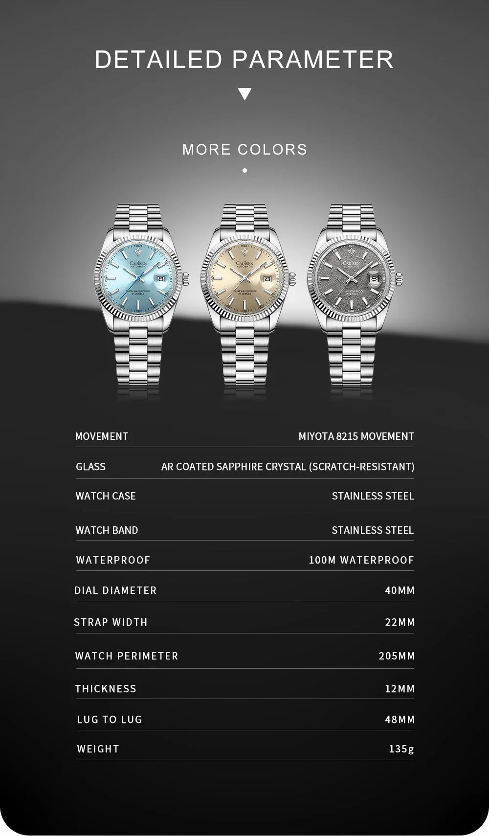 Cadisen C8214 DateJust Watch AR Sapphire MIYOTA 8215 10Bar C3 Lume 40MM