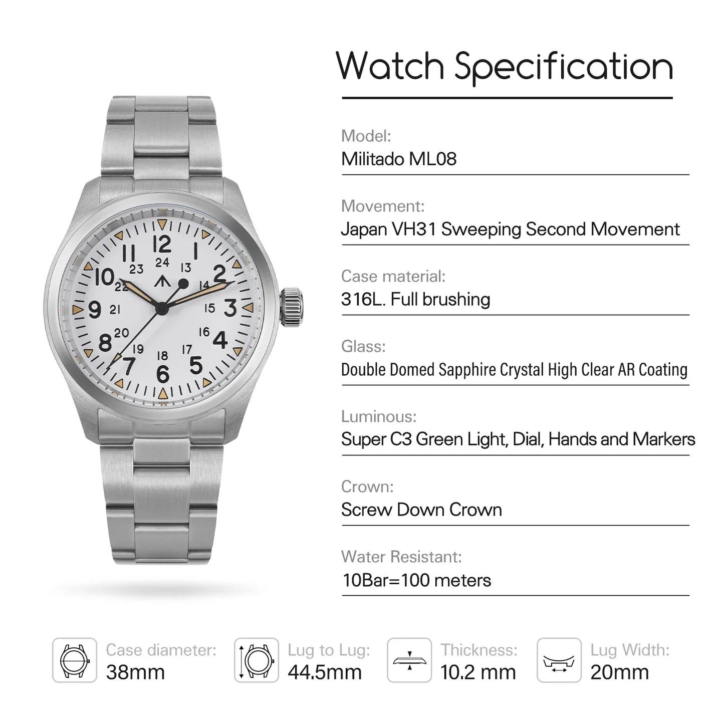 Militado ML08 Military Watch VH31 Quartz Movement Double Sapphire C3 BGW9 Luminous 10Bar Explorer