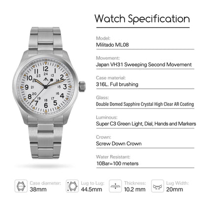 Militado ML08 Military Watch VH31 Quartz Movement Double Sapphire C3 BGW9 Luminous 10Bar Explorer