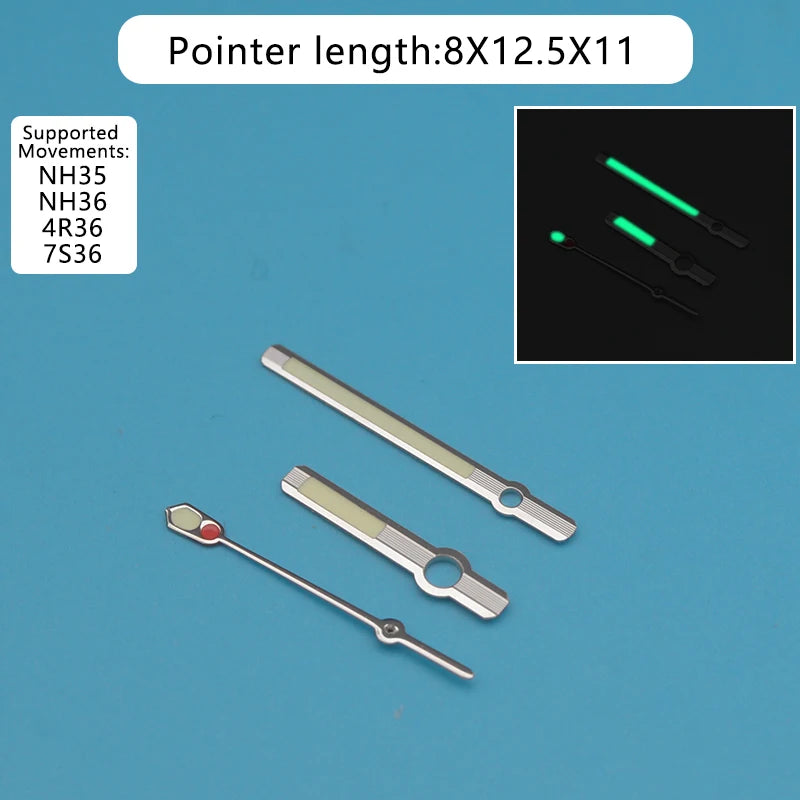 Watch Hands Size 8mm*12.5mm*11mm Green Luminous Hands for Caliber 7s36 4R36 NH35 NH36 Silver Hands Green Luminous Hands