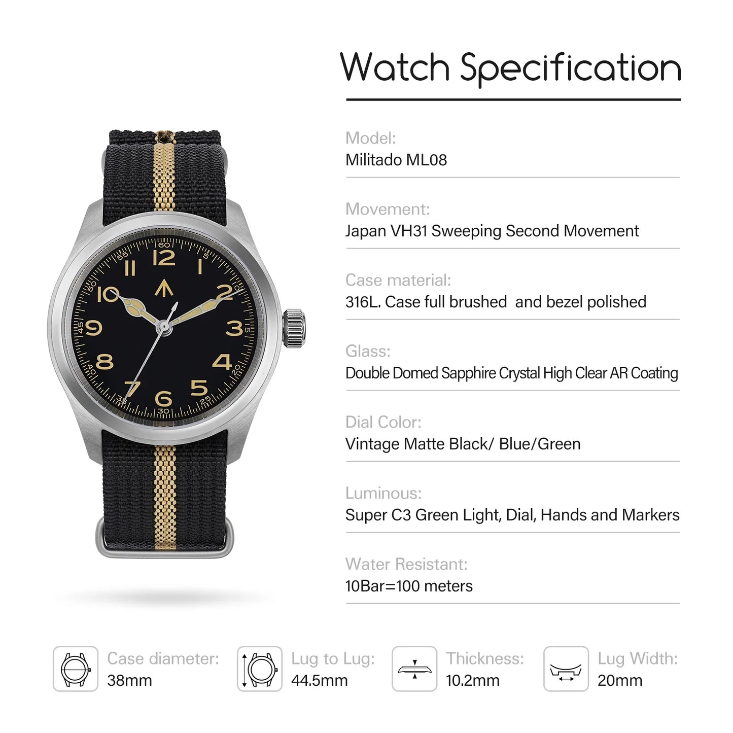 Militado ML08 Military Watch VH31 Quartz Movement Double Sapphire C3 BGW9 Luminous 10Bar Explorer