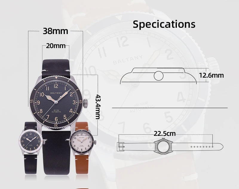 Baltany 38MM Military Watch Men  S2076 NH38 Automation Stainless Steels 100m Waterproof Vintage Khaki Aviation Homage Watch