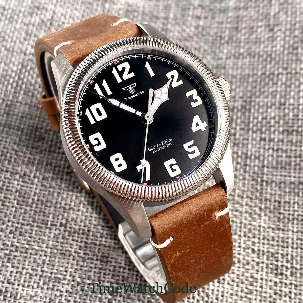 Tandorio Fluted Pilot Watch TD117A 20BAR  NH35 PT5000 Roman Numerals Sapphire 39mm