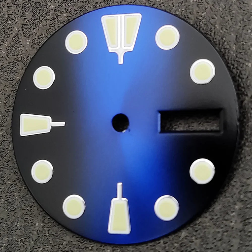 28.5mm Watch Dial Black Blue Gradient Dual Calendar Date Watch Faces with Green Luminous Watch Accessories for NH36 Movement