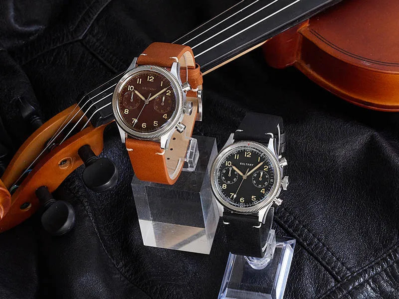 Baltany Military Chronograph Man S5054 Retro Style Quartz Watch Leather Strap Sapphire Glass 5ATM Waterproof Multifunction Watch