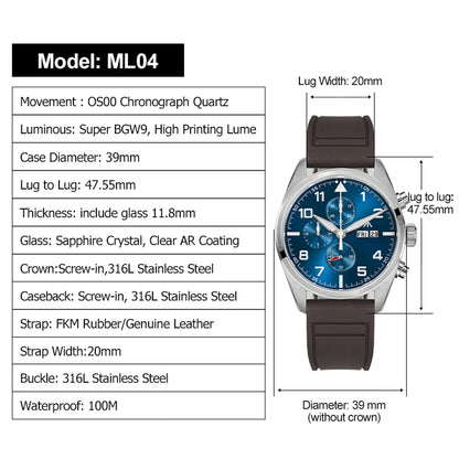 Militado ML04 Chronograph Quartz Military Watch OS00 Movement BGW9 Luminous 100m Waterproof  Domed Sapphire 39mm