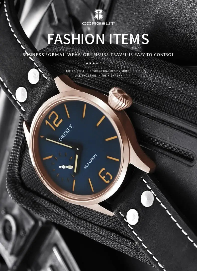 Corgeut 6025 pilot ST3600 Manual Mechanical sub second Sapphire Mirror 44mm 5ATM Glass Back