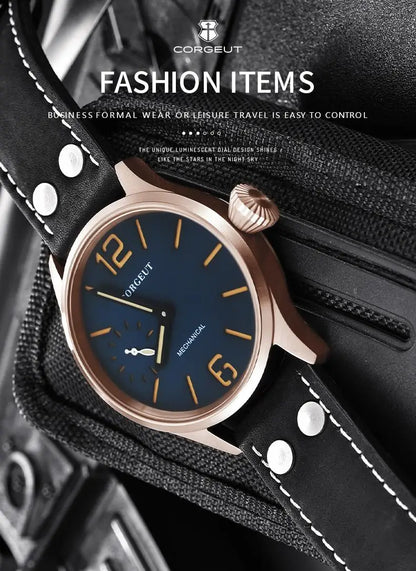 Corgeut 6025 pilot ST3600 Manual Mechanical sub second Sapphire Mirror 44mm 5ATM Glass Back