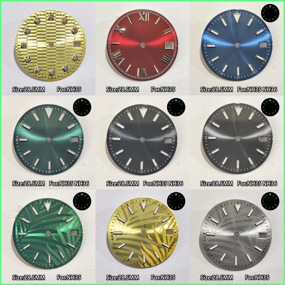 28.5mm Watch Dial For NH 35 NH36 Movements Green Luminous Single/No Date just Calendar Dial Roman Men Watches Accessories