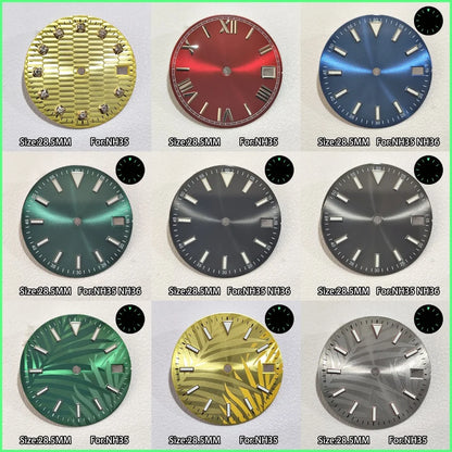 28.5mm Watch Dial For NH 35 NH36 Movements Green Luminous Single/No Date just Calendar Dial Roman Men Watches Accessories