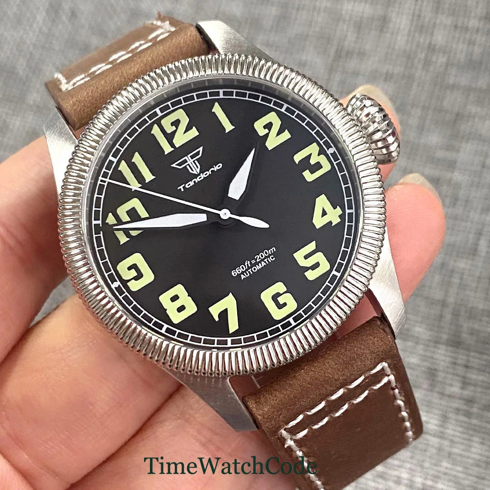 Tandorio Fluted Pilot Watch TD117A 20BAR  NH35 PT5000 Roman Numerals Sapphire 39mm