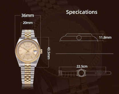 Baltany 36mm Dress Gold Watch S4084 Customizable DateJust  NH35 Automatic  Ar sapphire Swiss Lume Fluted case