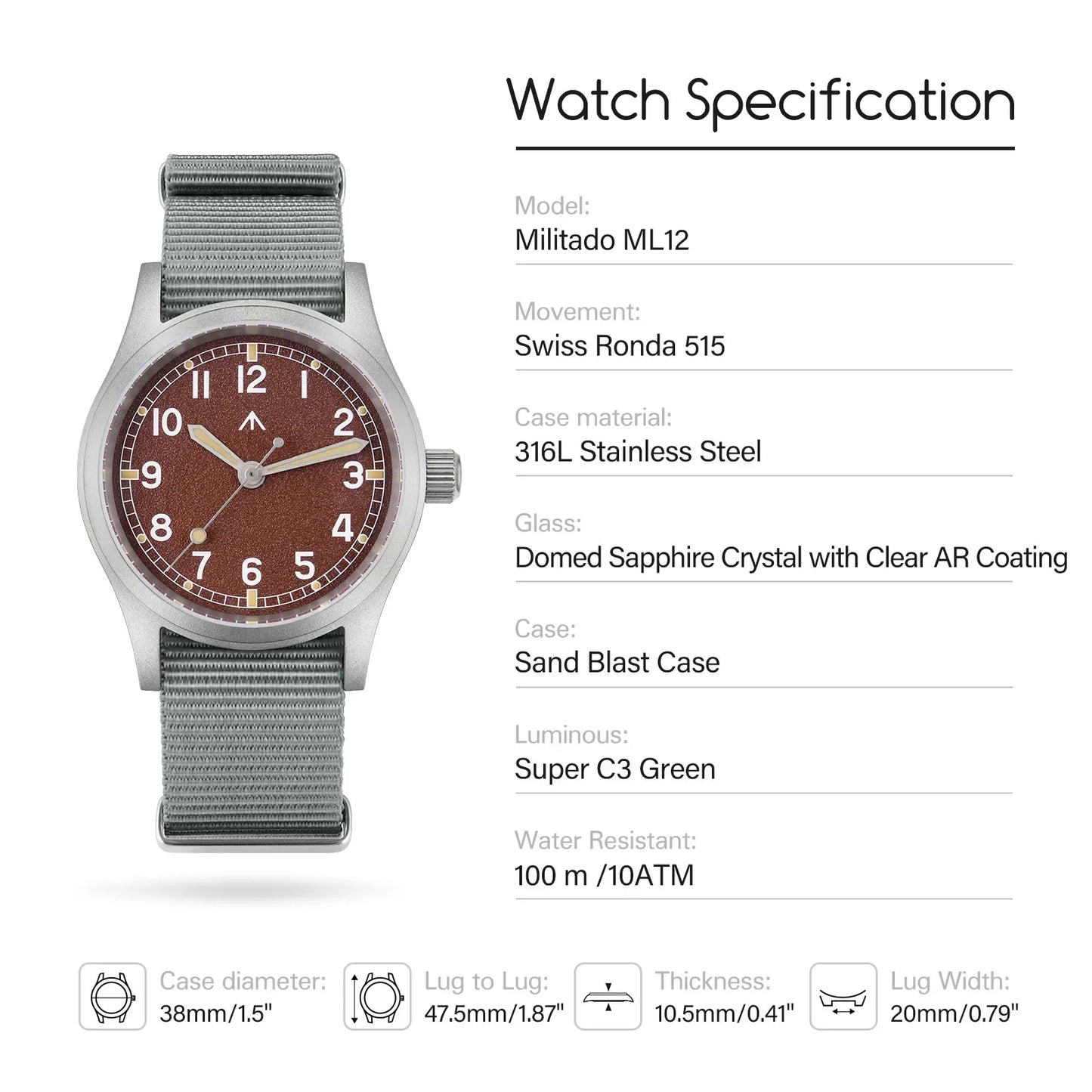 Militado ML12 Military Watch VH31 Quartz Domed Sapphire  C3 Luminous 38mm 10Bar